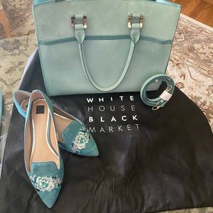 White House Black Market Ava Mineral Green Suede Handbag with Floral Embroidery
